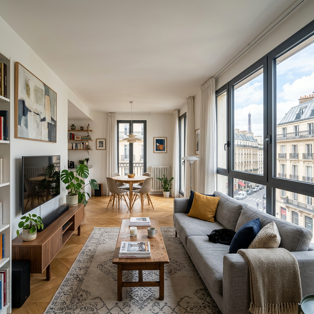Living room and dining area in modern apartment with large windows showing Eiffel Tower
