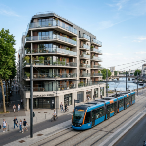 Modern apartment building with balconies and pedestrians near a tram on tracks by the river
