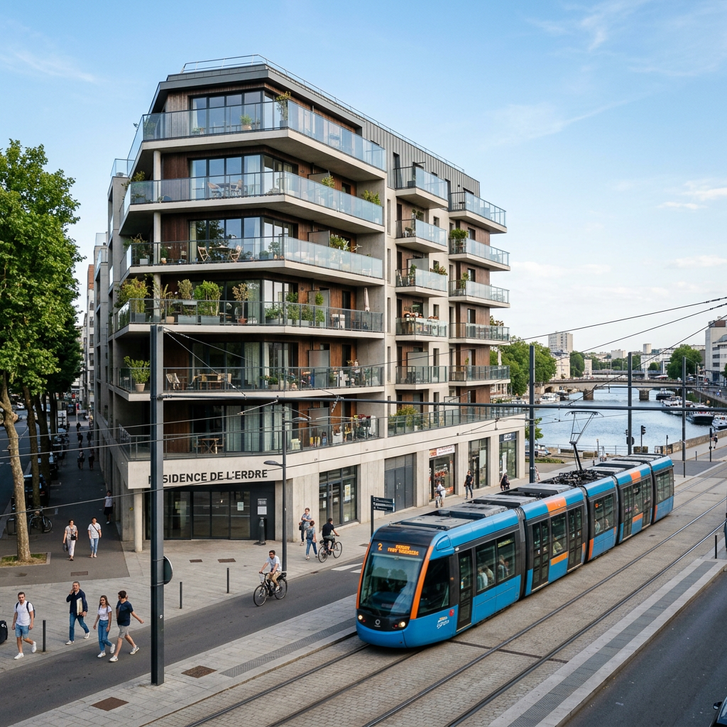 Modern apartment building with balconies and pedestrians near a tram on tracks by the river
