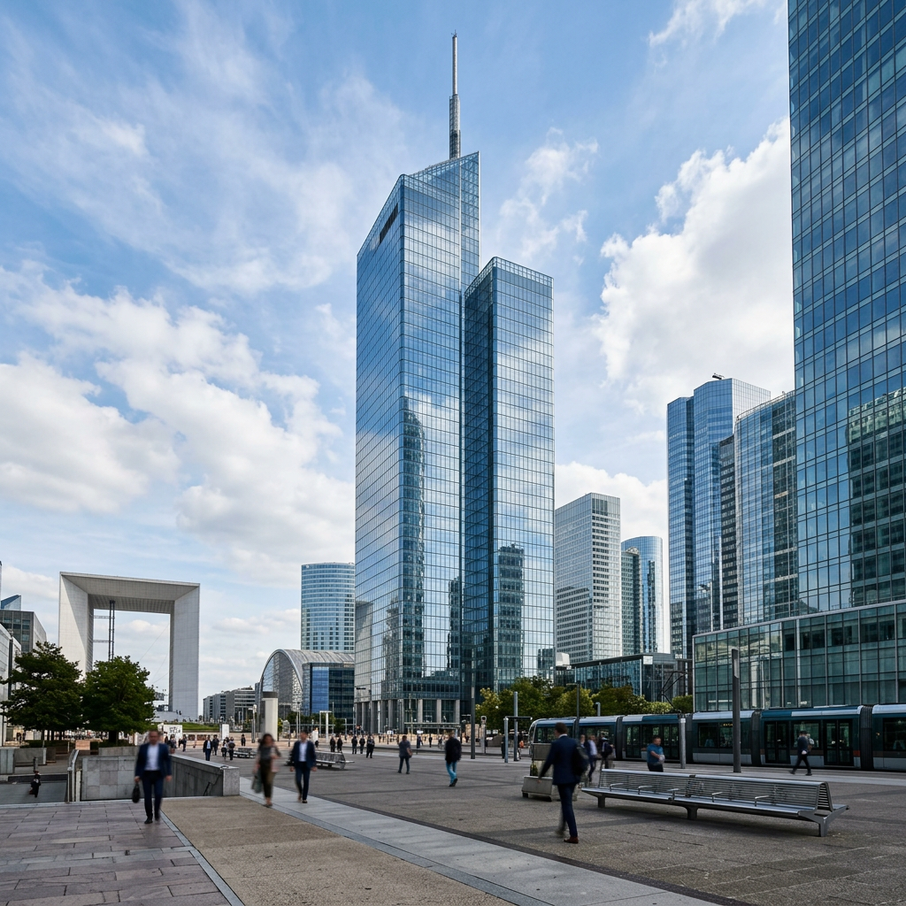 People walking in La Défense business district with glass skyscrapers and the Grande Arche in the background